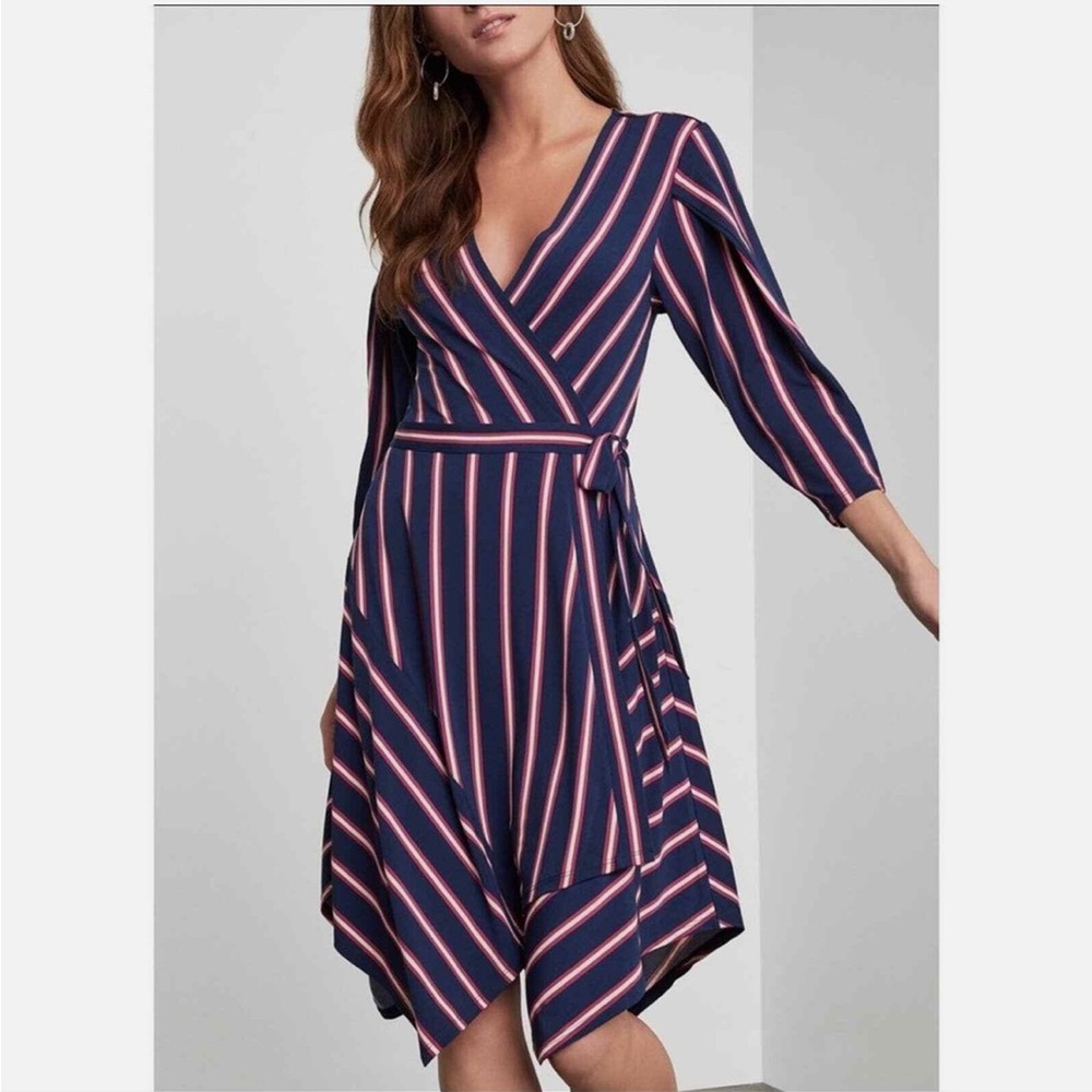 BCBGMAXAZRIA -Valet Stripe Handkerchief Wrap Dress- Sz Large- Pacific Blue Valet